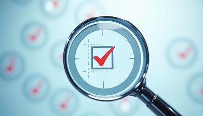 Magnifying glass inspects red checkmark in target square. Blurred background shows multiple checkmarks. Focus on accuracy, precision, meticulousness in examination and quality control.