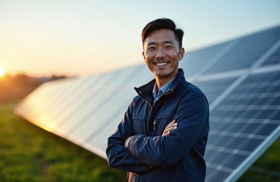 Smiling Asian male solar energy technician stands proudly before solar panels in green field at sunset. Represents renewable energy solutions, clean power generation, technological innovation in