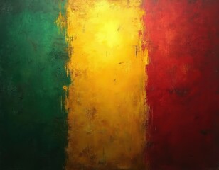 Abstract textured background featuring bold vertical stripes of green, yellow, red paint. Vibrant, grunge art style evokes rastafarian, reggae, African culture. Dynamic energy, spiritual freedom,