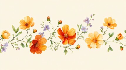 top-and-bottom watercolor garlands of wildflowers (cosmos