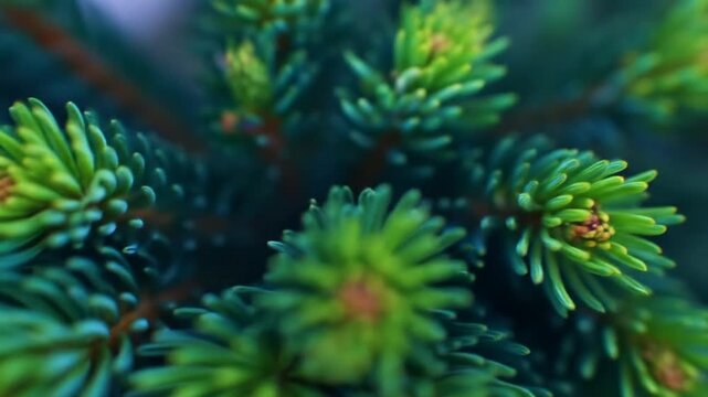Macro shot of a cluster of young, green pine needles with red-brown centers