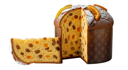 Traditional Italian Panettone Christmas cake with candied fruit, sliced and isolated on a white background.