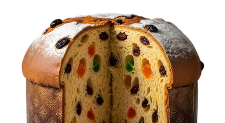 A close-up view of a traditional Italian panettone, sliced open to reveal its rich interior filled with candied fruits and raisins, dusted with powdered sugar.