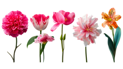 Vibrant digital bouquet showcasing five assorted flowers, including pink peonies, tulips, and an orange tiger lily, isolated on white background 