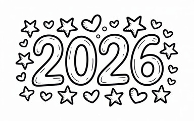 Hand-drawn 2026 new year doodle with stars and hearts vector illustration for greeting cards and holiday designs