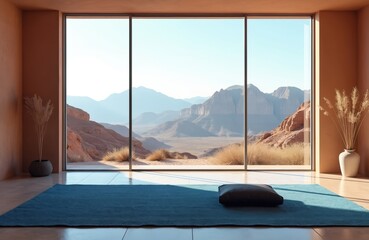 Fototapeta premium Minimalist desert room interior with floor-to-ceiling windows displaying grand mountain views. Blue rug on concrete floor, beige walls create calm, serene, peaceful atmosphere. Natural light fills