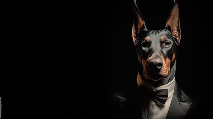 Obraz premium Doberman wearing a modern tuxedo in a dark setting 