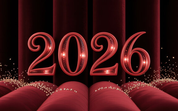 Elegant 2026 new year design red velvet curtain background sparkling celebration graphic