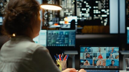 Entrepreneur using laptop and microphone for a collaborative talk on video call, engagement and...