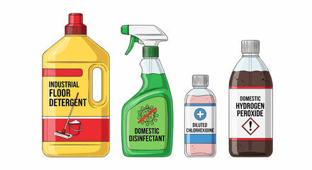 Assortment of cleaning supplies including floor detergent disinfectant chlorhexidine and peroxide bottles