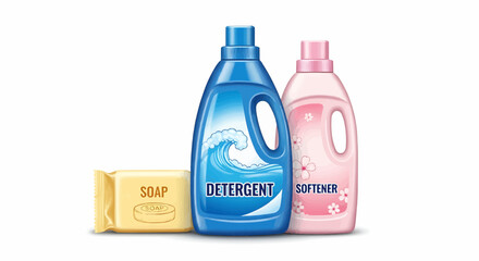 Laundry essentials featuring bar soap detergent and fabric softener on a white background studio shot