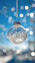 Transparent Christmas ball against blue winter sky. Festive bokeh New Year holiday background