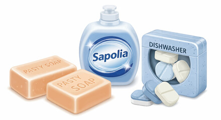 Assortment of cleaning products including sapolia liquid soap pasty soap and dishwasher tablets in container