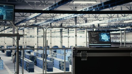 AI on laptop in server farm enabling machine learning tasks powering networks. Artificial intelligence programming language running software development tools on notebook in data center