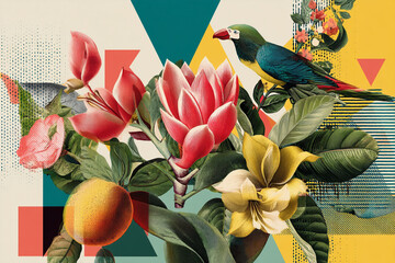 A vibrant digital collage of vintage botanical illustrations intricately layered with abstract geometric shapes and subtle halftone textures.