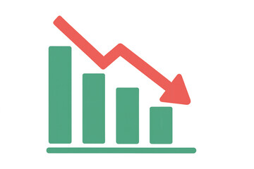 Business bar chart showing decline with red arrow pointing down, representing financial loss and bad economic data