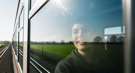 Smiling Woman Looking Out Train Window