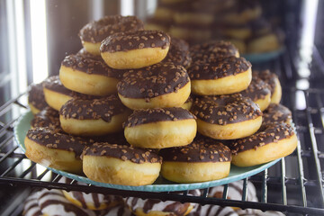 Delicious donuts in the shop window