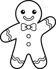 Simple outline drawing of a happy gingerbread man with a bow tie and buttons