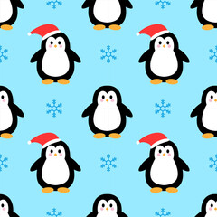 Winter cute seamless pattern with penguins and snowflakes on blue background. Design for Christmas and New Year. Baby design. Pattern for baby textile and fabric, wrapping paper, notebooks, notepads