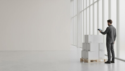 Warehouse order collector works with a portable scanner and boxes in modern warehouse (copy space)