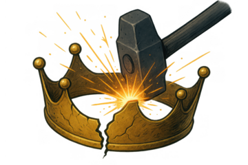 Crown on anvil being forged by hammer, sparks flying, symbolizing power restoration, monarchy reform, or revolution