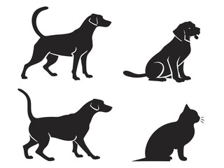 Silhouette illustration of three dogs in different poses and a single cat sitting down created with generated ai
