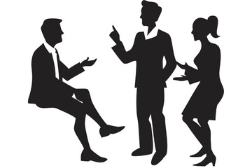 Silhouette of three business people in discussion with gestures and formal attire in black and white style created with generated ai