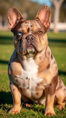 Fototapeta premium Portrait of a cute white french bulldog sitting on the floor
