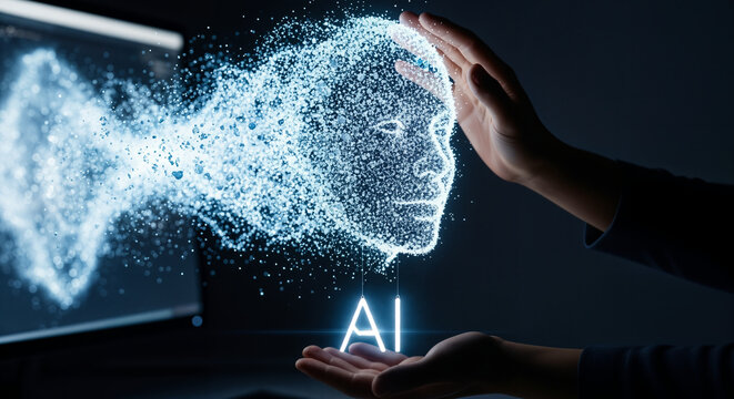 Birth of digital consciousness_ Human hands interact with a virtual particle face  AI emerges from technology and is shaped by man,  The future is here