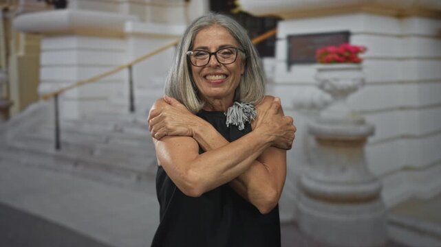 Grey haired woman hugging her arms across chest on building steps, smiling with closed eyes; self love joy.