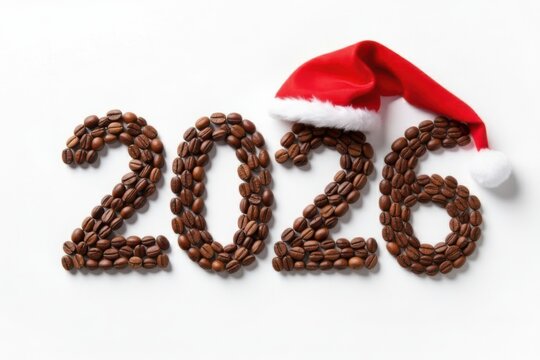 Coffee beans shaping the number 2026, topped with a festive Santa hat, symbolizing upcoming holiday celebrations - Powered by Adobe