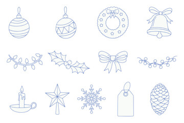 Vector illustration set of Christmas icons with tree, gift box, snowman, and snowflake for winter holiday design