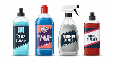 Displaying four bottles of cleaning products for glass stainless steel aluminum and stone surfaces