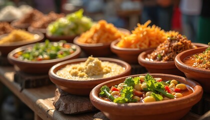 Fototapeta premium Omani cuisine spread featuring Machboos, Shuwa served in clay bowls on rustic table. Various dishes like stews, rice, salads are offered at food market. Authentic Middle Eastern meal preparation.