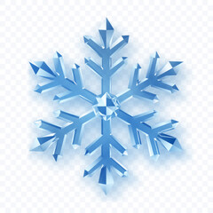A complex, six-pointed snowflake with crystalline facets in shades of blue with soft shadow on a transparent background. Transparency only in vector format.