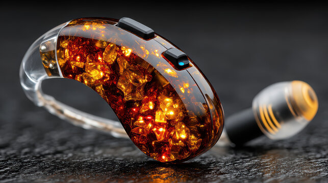 Stylish in-ear headphones with transparent shell and glowing amber design on dark background
