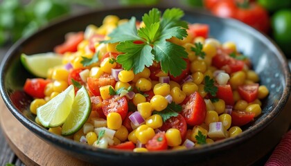 Vibrant corn salad with diced tomatoes, bell peppers, red onion, lime, cilantro garnish. Refreshing, healthy dish perfect for summer picnics, parties, light meals. Wholesome mix offers zesty, crunchy