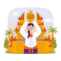 Balinese Woman Carrying Offering Vector Illustration