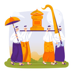 Balinese Cultural Tradition of Melasti Ceremony Vector Illustration