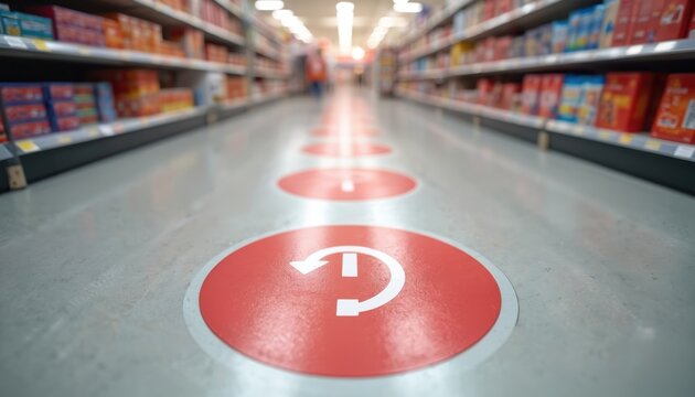 Social distance floor stickers guide shoppers safely through retail store aisles. Red circular markers with arrows indicate safe spacing. Focus on supermarket flooring with product shelves, guiding