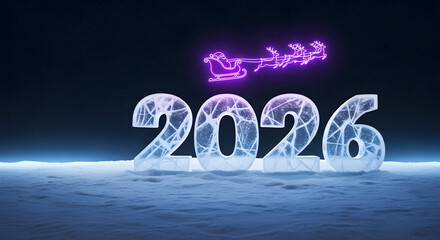 Glowing ice numbers 2026 with purple neon Santa sleigh flying above snowy landscape