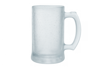 Frosted beer mug with condensation creating water drops for refreshing cold drinks, transparent background