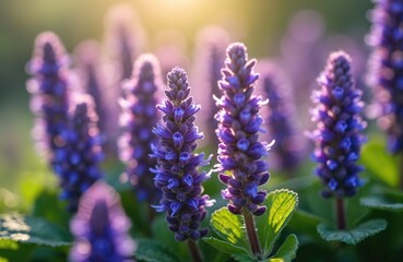 Close-up of violet carpet bugleweed flowers. Ajuga reptans or blue bugle plants growing in spring garden. Floral macro photo with bright sunlight, green leaves background.