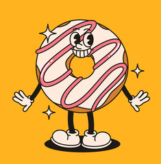 Funny groovy donut character. Flat vector illustration.