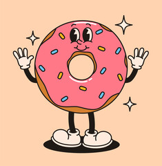 Happy groovy donut character. Flat vector illustration.