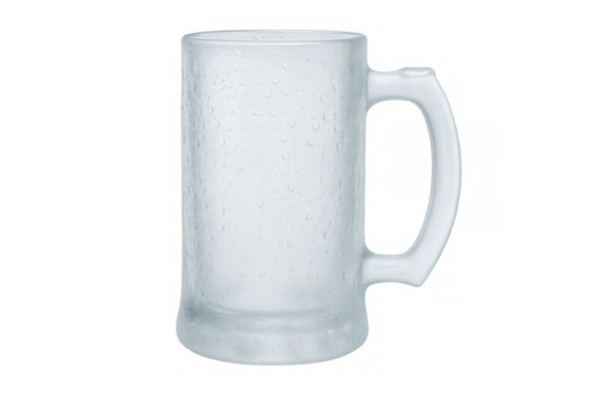 Frosted beer mug with condensation creating water drops for refreshing cold drinks, transparent background