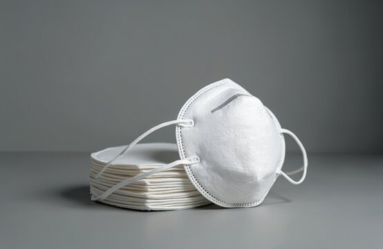 White KN95 or N95 mask. Protection against pm2. 5 pollution and coronavirus. Prevention of spread of virus and COVID-19 pandemic. Medical face mask on grey background.