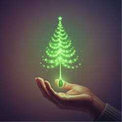 A hand gently holding a small seed, which is sprouting into a delicate, green light Christmas tree, symbolizing growth, sustainabily, and renewal concepts.eps