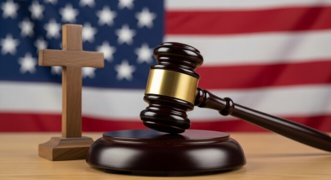 Gavel and cross with american flag background symbolizing justice and faith in the usa - Powered by Adobe